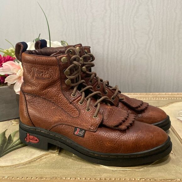 Rare Justin George Strait Brown Leather Doug Kiltie Western Cowgirl Boots Sz 7 - Picture 2 of 14